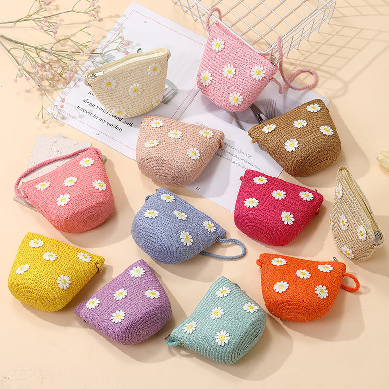 2025 New Summer Kids Woven Straw Bag with Daisy, Cute Little Girls Crossbody Purse for Beach Dress Matching
