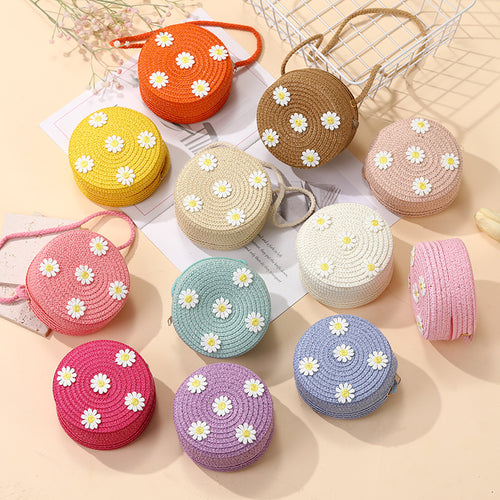 2025 New Summer Kids Woven Straw Bag with Daisy, Cute Little Girls Crossbody Purse for Beach Dress Matching