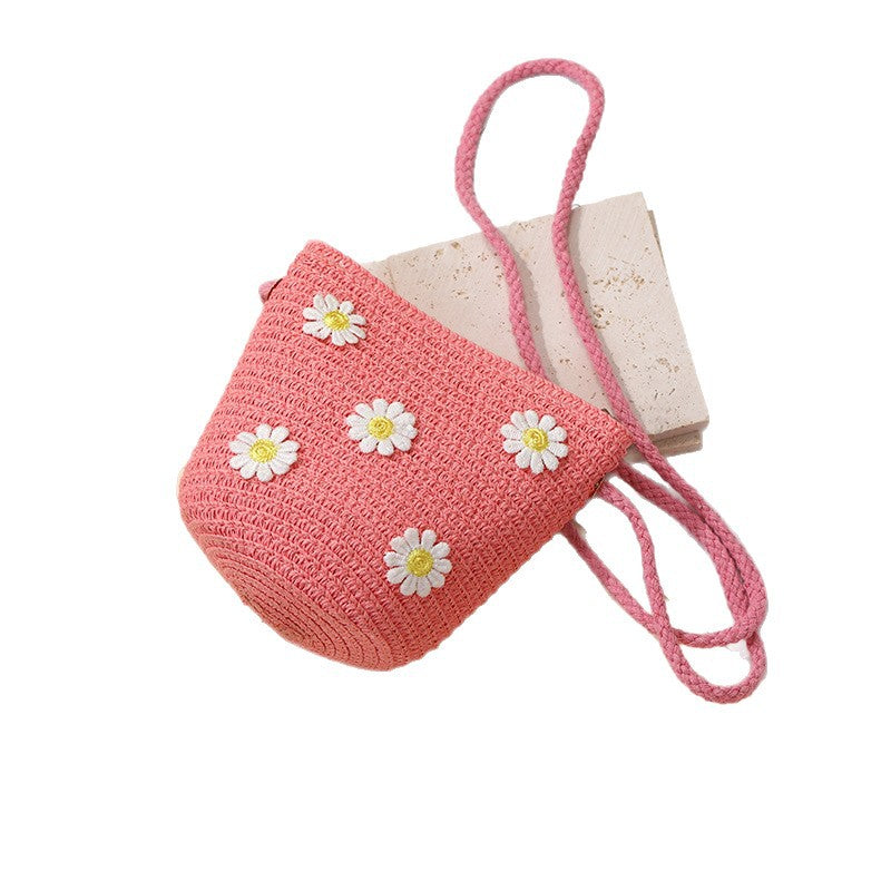 2025 New Summer Kids Woven Straw Bag with Daisy, Cute Little Girls Crossbody Purse for Beach Dress Matching